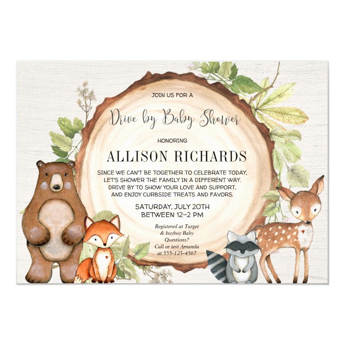 Drive by rustic woodland animals baby shower invitation