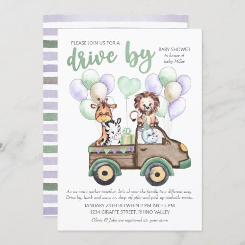 Drive By Safari Truck and Cute Animals Baby Shower Invitation