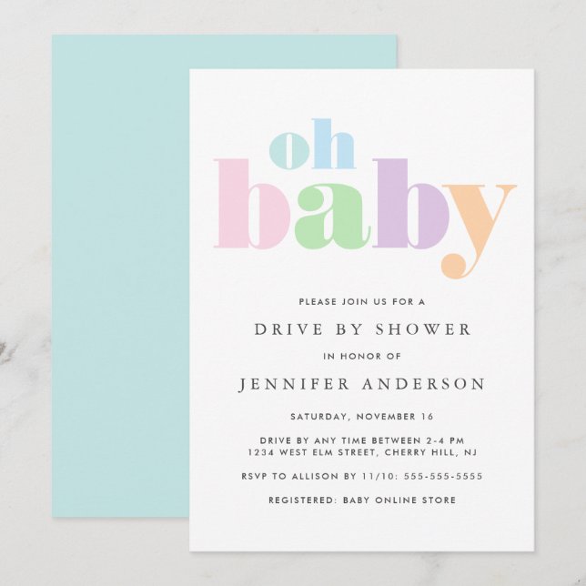 Drive By Shower | Oh Baby Pastel Minimal Modern Invitation (Front/Back)