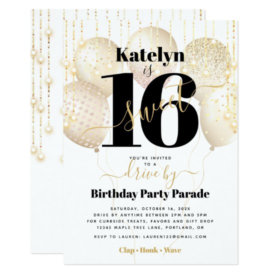 Drive By Sweet 16 Birthday Girly Glam Gold Balloon Invitation