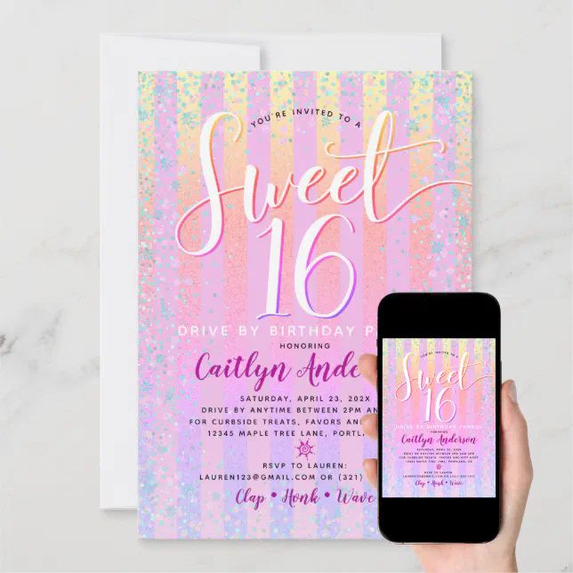 Drive By Sweet 16 Birthday Girly Rainbow Ombre Invitation | Zazzle