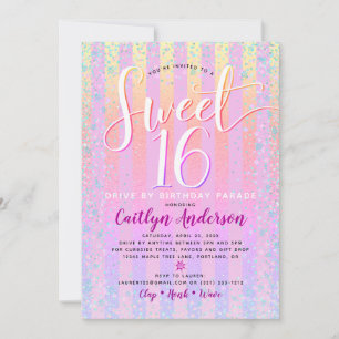 Drive By Sweet 16 Birthday Girly Rainbow Ombre Invitation