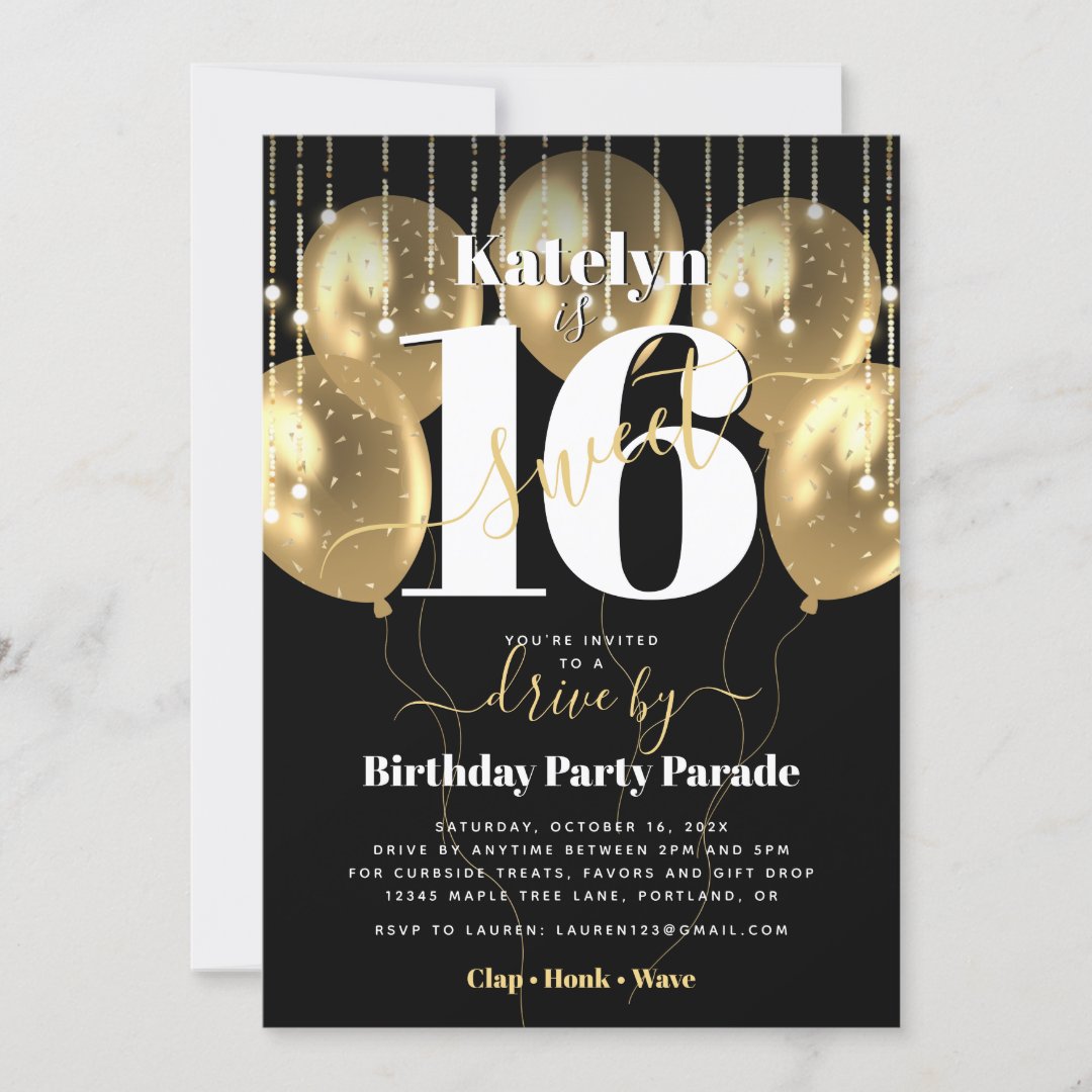 Drive By Sweet 16 Birthday Gold Balloons on Black Invitation | Zazzle