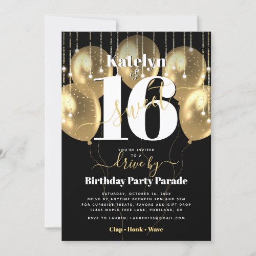 Drive By Sweet 16 Birthday Gold Balloons on Black Invitation