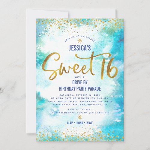 Drive By Sweet 16 Blue Watercolor Gold Birthday Invitation