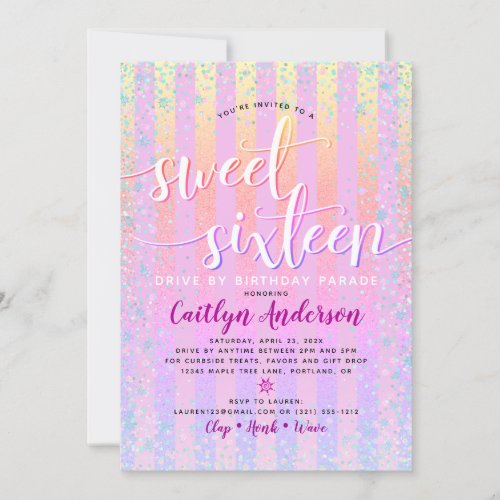 Drive By Sweet Sixteen Birthday Rainbow Ombre Chic Invitation