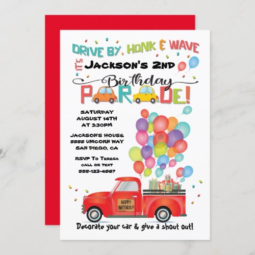 Drive by Truck BIrthday Party Parade Invitation