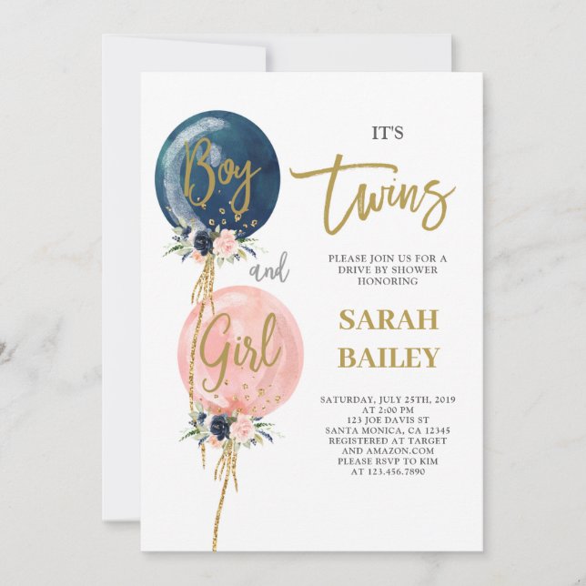 Drive By Twins Baby Shower Invitation Boy and Girl (Front)
