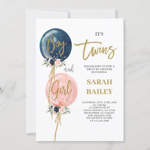 Drive By Twins Baby Shower Invitation Boy and Girl