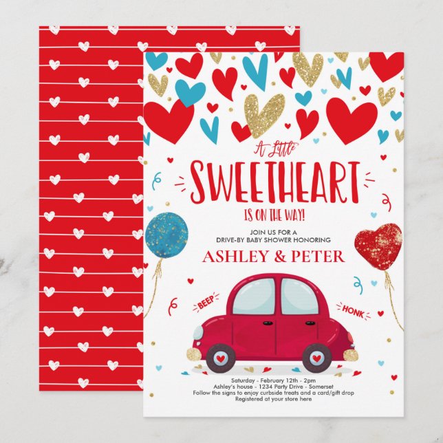 Drive By Valentine Baby Shower Sweetheart Red Blue Invitation (Front/Back)