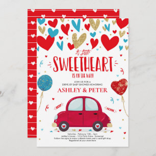 Drive By Valentine Baby Shower Sweetheart Red Blue Invitation