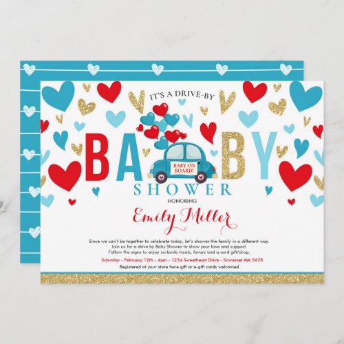 Drive By Valentine Baby Shower Sweetheart Red Blue Invitation