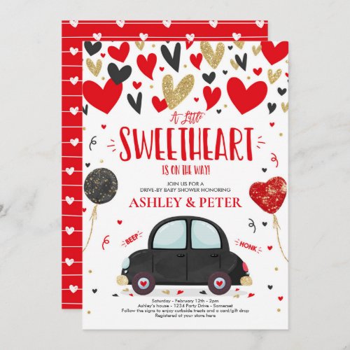 Drive By Valentine Baby Shower Sweetheart Red Gold Invitation