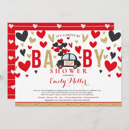 Drive By Valentine Baby Shower Sweetheart Red Gold Invitation