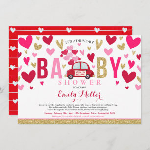 Drive By Valentine Baby Shower Sweetheart Red Pink Invitation