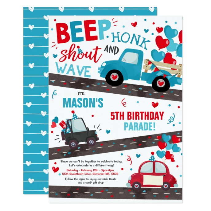 Drive By Valentine Birthday Sweetheart Red &amp; Blue Invitation
