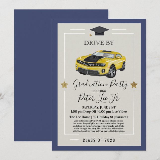 Drive By Virtual Male Graduation Party Invitation (Front/Back)