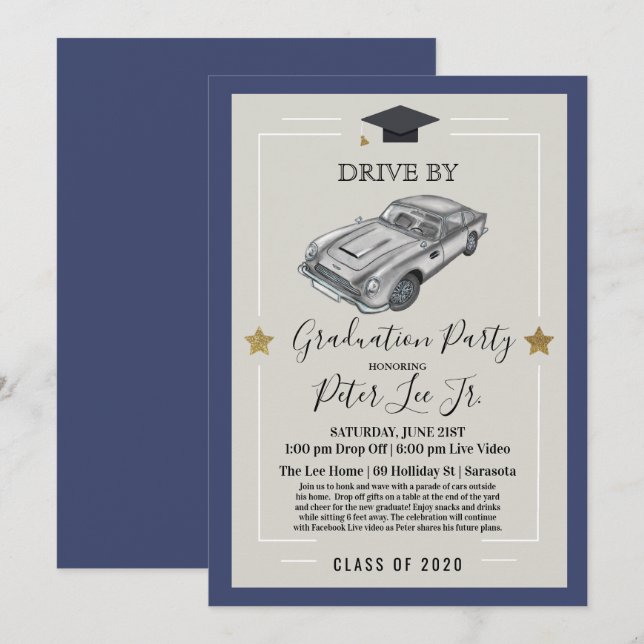 Drive By Virtual Male Graduation Party Invitation (Front/Back)