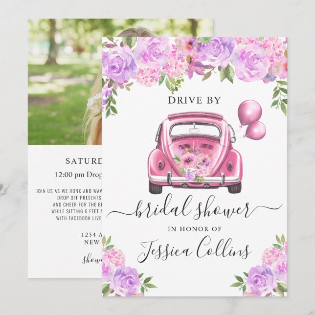 Drive By Virtual Watercolor Floral Bridal Shower Invitation (Front/Back)