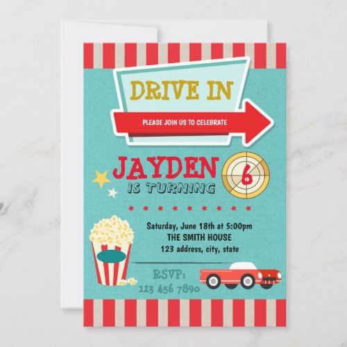 Drive in theme movie party invitation
