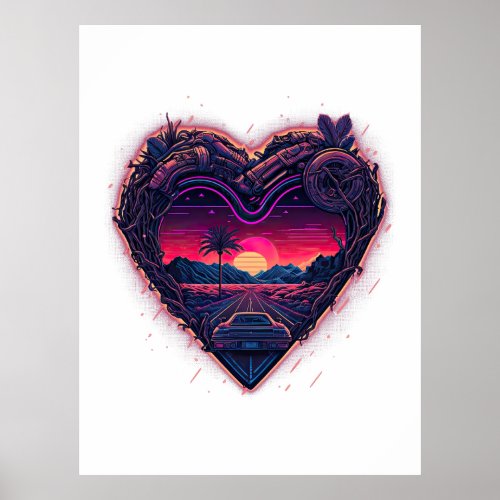 Drive Into 1980s Retro Sunset Synthwave Sportscar Poster