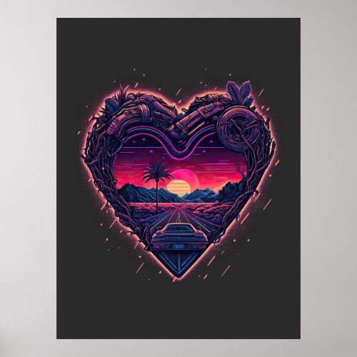 Drive Into 1980s Retro Sunset Synthwave Sportscar Poster