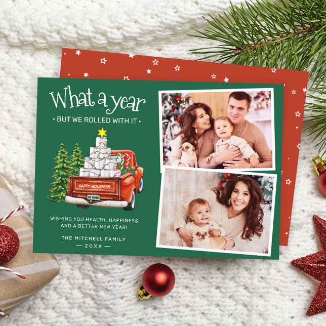 Drive Through 2024 Red Truck Christmas Tree Photo Holiday Card (Creator Uploaded)