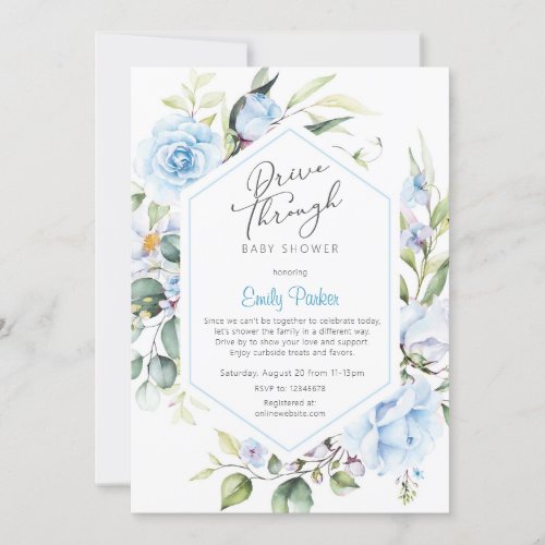 Drive Through Baby Shower Blue Watercolor Floral Invitation