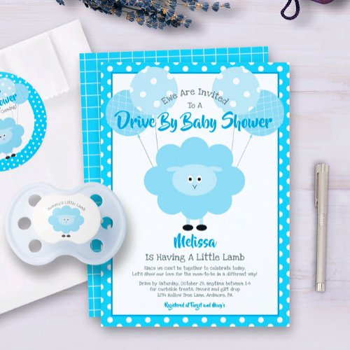 Drive Through Baby Shower Cute Blue Lamb Modern Invitation