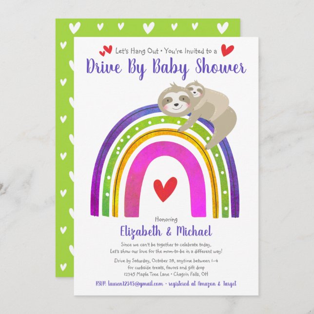 Drive Through Baby Shower Cute Sloths Boho Rainbow Invitation (Front/Back)