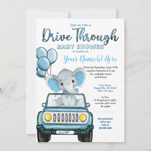 Drive Through Baby Shower Elephant in Car Invitation