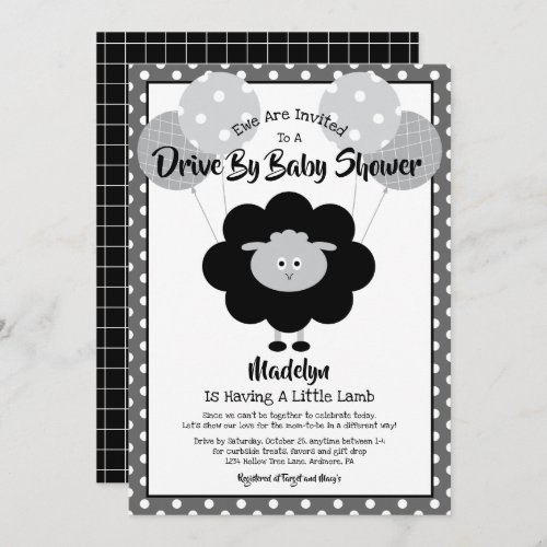 Drive Through Baby Shower Modern Black White Lamb Invitation