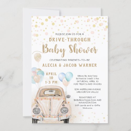 Drive Through Baby Shower Pink Gold Peach Car Invitation