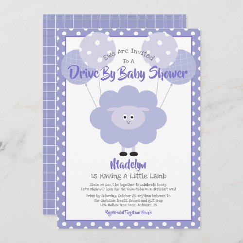 Drive Through Baby Shower Purple Lamb Modern Cute Invitation