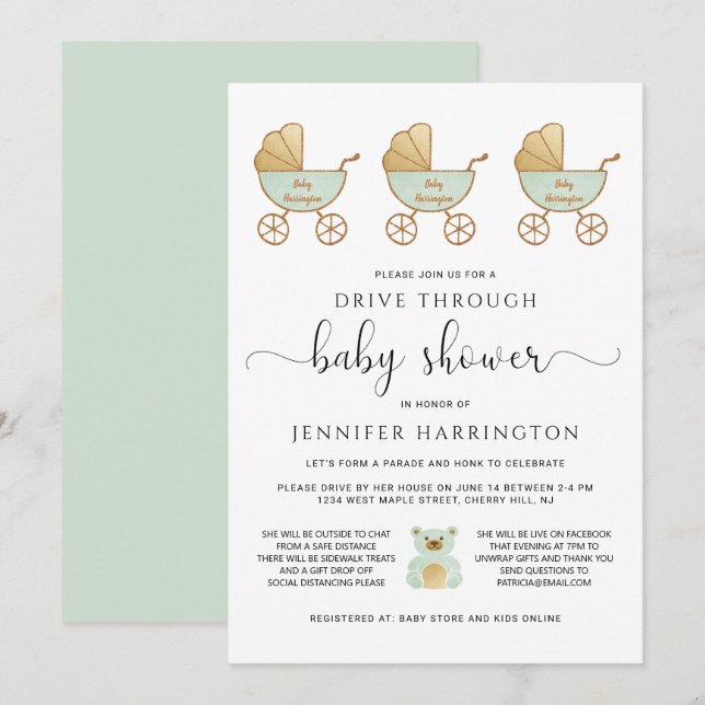 Drive Through Baby Shower Retro Carriage Green Invitation (Front/Back)