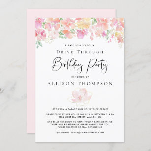 Drive Through Birthday Party   Pink Coral Floral Invitation