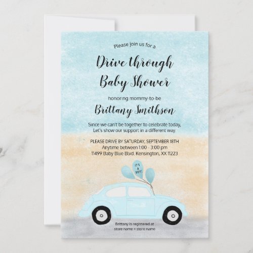 Drive through blue car baby shower invitation