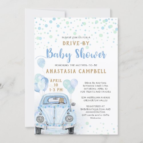 Drive Through Boy Baby Shower Blue Car Gold Invitation