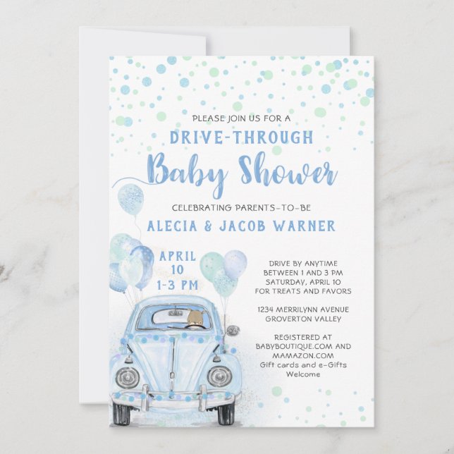 Drive Through Boy Baby Shower Blue Car Invitation (Front)