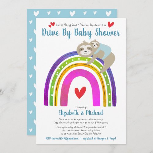 Drive Through Boy Baby Shower Cute Sloths Rainbow Invitation