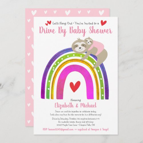 Drive Through Girl Baby Shower Cute Sloths Rainbow Invitation