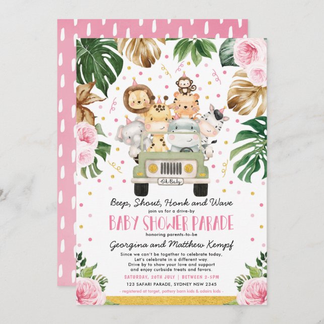 Drive Through Girl Baby Shower Pink Floral Safari Invitation (Front/Back)