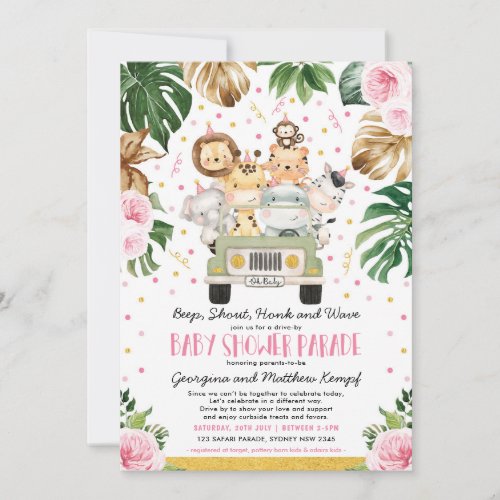 Drive Through Girl Baby Shower Pink Floral Safari Invitation