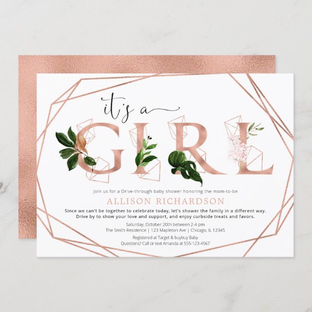 Drive through It's a Girl rose gold greenery Invitation (Front/Back)