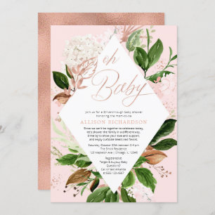 Drive-through rose gold greenery girl baby shower invitation