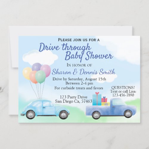 Drive Through Watercolor Car Baby Shower for Boy Invitation