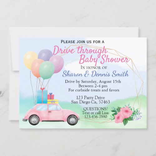 Drive Through Watercolor Car Baby Shower for Girl Invitation