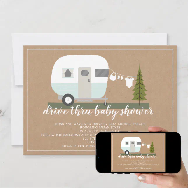 Drive Thru Baby Shower Blue Camper Woodland Invitation Zazzle