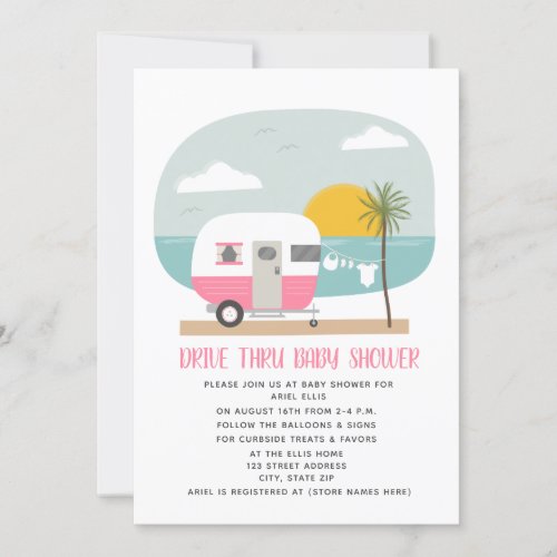 Drive Thru Baby Shower Pink Beach Camper Invitation