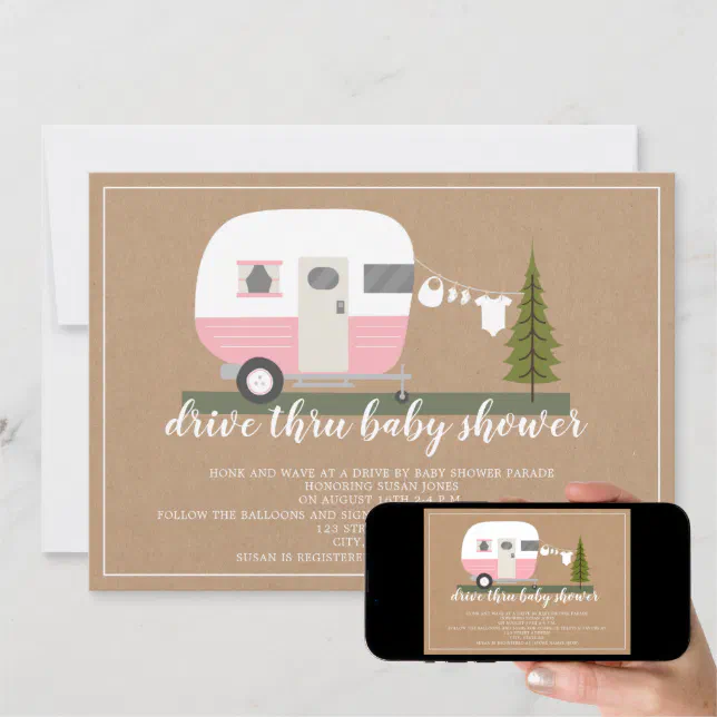 Drive Thru Baby Shower Pink Camper Woodland Invitation Zazzle